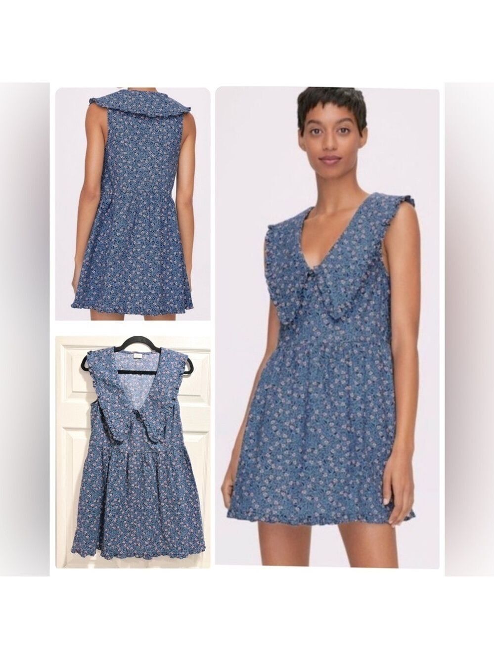 Aritzia Wilfred SELMA Blue Floral Mini Dress Cotton Rose Ruffles Size Small